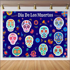Lofaris Colorful Dia De Los Muertos Backdrop with Sugar Skulls and Floral Patterns, Mexican Fiesta Photography Background for Holiday