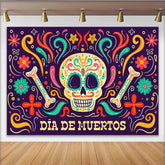 Lofaris Colorful Sugar Skull Dia de Muertos Mexican Fiesta Backdrop with Floral Patterns and Bones, Vibrant Party Decoration for Photography