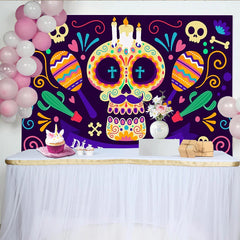 Lofaris Colorful Dia de Muertos Sugar Skull Backdrop with Maracas and Cacti, Vibrant Mexican Holiday Decor for Festive Photoshoot