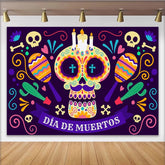 Lofaris Colorful Dia de Muertos Sugar Skull Backdrop with Maracas and Cacti, Vibrant Mexican Holiday Decor for Festive Photoshoot