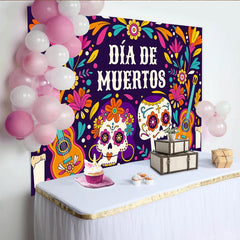 Lofaris Vibrant Day of the Dead Backdrop, Sugar Skulls and Guitars, Festive Floral Party Background for Mexican Holiday Celebration