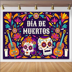 Lofaris Vibrant Day of the Dead Backdrop, Sugar Skulls and Guitars, Festive Floral Party Background for Mexican Holiday Celebration