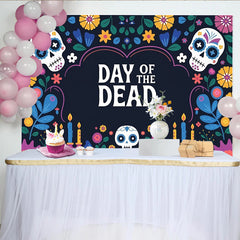 Lofaris Day of the Dead Backdrop with Sugar Skulls, Candles and Bright Flowers, Festive Mexican Fiesta Background for Dia de los Muertos