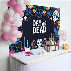 Lofaris Day of the Dead Backdrop with Sugar Skulls, Candles and Bright Flowers, Festive Mexican Fiesta Background for Dia de los Muertos