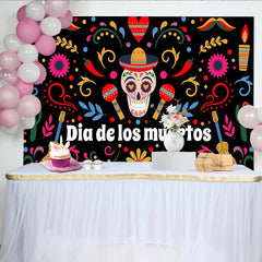 Lofaris Vibrant Dia de los Muertos Backdrop with Sugar Skull and Sombrero, Colorful Mexican Fiesta Background for Celebration