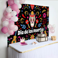 Lofaris Vibrant Dia de los Muertos Backdrop with Sugar Skull and Sombrero, Colorful Mexican Fiesta Background for Celebration