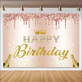 Lofaris Rose Gold Glitter Happy Birthday Backdrop with Golden Crown and Champagne, Elegant Party Background for Women Photoshoot