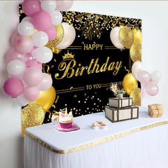 Lofaris Elegant Black and Gold Glitter Birthday Backdrop with Balloons and Crown, Festive Party Decor for Celebration