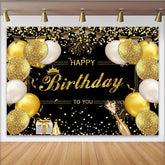 Lofaris Elegant Black and Gold Glitter Birthday Backdrop with Balloons and Crown, Festive Party Decor for Celebration