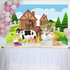 Lofaris Cute Cartoon Farm Animal Birthday Backdrop with Green Fields, Adorable Farmhouse Background for Kids Party Decor