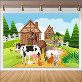 Lofaris Cute Cartoon Farm Animal Birthday Backdrop with Green Fields, Adorable Farmhouse Background for Kids Party Decor