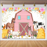 Lofaris Cute Cartoon Farm Animal Birthday Backdrop with Pink Barn, Floral Accents, Party Background for Kids Photoshoot