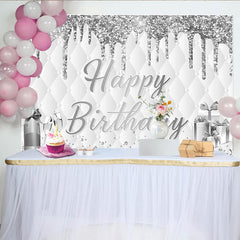 Lofaris Elegant Silver Glitter Happy Birthday Backdrop with Champagne, Luxurious Photo Booth Background for Adult Party Decoration