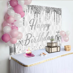 Lofaris Elegant Silver Glitter Happy Birthday Backdrop with Champagne, Luxurious Photo Booth Background for Adult Party Decoration
