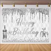 Lofaris Elegant Silver Glitter Happy Birthday Backdrop with Champagne, Luxurious Photo Booth Background for Adult Party Decoration