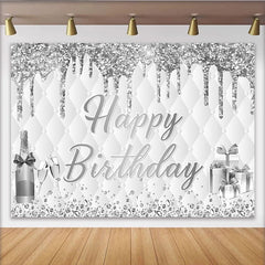 Lofaris Elegant Silver Glitter Happy Birthday Backdrop with Champagne, Luxurious Photo Booth Background for Adult Party Decoration