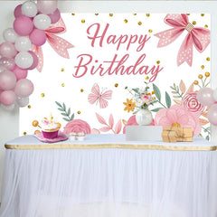 Lofaris Pink Floral Happy Birthday Backdrop with Bows and Glitter for Girls, Beautiful Flower Photo Background for Party Decor