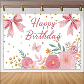 Lofaris Pink Floral Happy Birthday Backdrop with Bows and Glitter for Girls, Beautiful Flower Photo Background for Party Decor