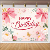 Lofaris Pink Floral Butterfly Birthday Backdrop with Elegant Bows and Stars, Beautiful Party Background for Girls Photoshoot