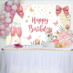 Lofaris Elegant Pink Floral Happy Birthday Backdrop with Champagne and Bows, Festive Party Women Girls Photography