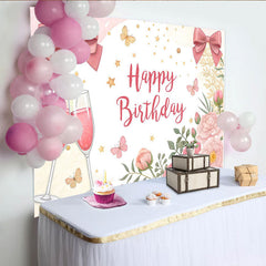 Lofaris Elegant Pink Floral Happy Birthday Backdrop with Champagne and Bows, Festive Party Women Girls Photography