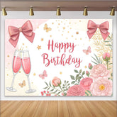 Lofaris Elegant Pink Floral Happy Birthday Backdrop with Champagne and Bows, Festive Party Women Girls Photography