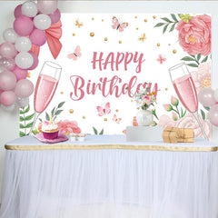 Lofaris Elegant Pink Floral Champagne Birthday Backdrop with Butterflies and Gold Dots, Party Decor for Girls Women Celebration