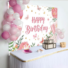 Lofaris Elegant Pink Floral Champagne Birthday Backdrop with Butterflies and Gold Dots, Party Decor for Girls Women Celebration