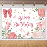 Lofaris Elegant Pink Floral Champagne Birthday Backdrop with Butterflies and Gold Dots, Party Decor for Girls Women Celebration