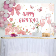 Lofaris Pink Floral Birthday Backdrop with Elegant Bow and Butterflies, Champagne Celebration Background for Party Decor