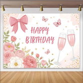 Lofaris Pink Floral Birthday Backdrop with Elegant Bow and Butterflies, Champagne Celebration Background for Party Decor