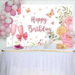 Lofaris Pink Floral Happy Birthday Backdrop with Butterflies and Champagne Glasses, Elegant Party Decoration for Photoshoot