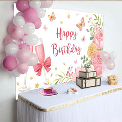 Lofaris Pink Floral Happy Birthday Backdrop with Butterflies and Champagne Glasses, Elegant Party Decoration for Photoshoot