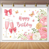 Lofaris Pink Floral Happy Birthday Backdrop with Butterflies and Champagne Glasses, Elegant Party Decoration for Photoshoot