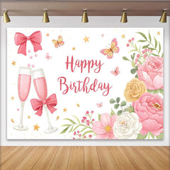 Lofaris Pink Floral Happy Birthday Backdrop with Butterflies and Champagne Glasses, Elegant Party Decoration for Photoshoot