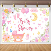 Lofaris Pink Floral Baby Shower Backdrop with Baby Carriage, Balloons and Moon, Stars Decor for Girl Photoshoot Party