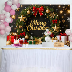 Lofaris Elegant Gold Glitter Merry Christmas Wreath Party Backdrop with Festive Gifts and Stars