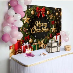 Lofaris Elegant Gold Glitter Merry Christmas Wreath Party Backdrop with Festive Gifts and Stars