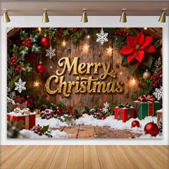Lofaris Rustic Wood Merry Christmas Party Backdrop, featuring Golden Text, Holly Berries and Snow, for Festive Holiday Decor