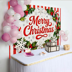 Lofaris Merry Christmas Holly and Berries Candy Cane Party Backdrop, Red White Stripes Festive Holiday Decor