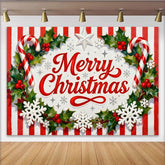 Lofaris Merry Christmas Holly and Berries Candy Cane Party Backdrop, Red White Stripes Festive Holiday Decor
