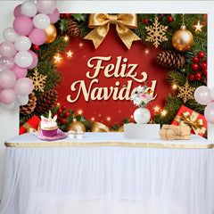 Lofaris Festive Red and Green Christmas Wreath Feliz Navidad Party Backdrop, Golden Ornaments Holiday Celebration Decor