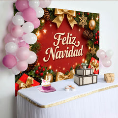 Lofaris Festive Red and Green Christmas Wreath Feliz Navidad Party Backdrop, Golden Ornaments Holiday Celebration Decor