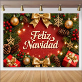 Lofaris Festive Red and Green Christmas Wreath Feliz Navidad Party Backdrop, Golden Ornaments Holiday Celebration Decor