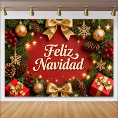 Lofaris Festive Red and Green Christmas Wreath Feliz Navidad Party Backdrop, Golden Ornaments Holiday Celebration Decor
