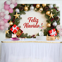 Lofaris Festive Feliz Navidad Christmas Wreath Party Backdrop, Gold and Silver Ornaments for Holiday Decor
