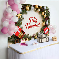 Lofaris Festive Feliz Navidad Christmas Wreath Party Backdrop, Gold and Silver Ornaments for Holiday Decor
