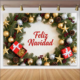 Lofaris Festive Feliz Navidad Christmas Wreath Party Backdrop, Gold and Silver Ornaments for Holiday Decor