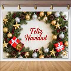Lofaris Festive Feliz Navidad Christmas Wreath Party Backdrop, Gold and Silver Ornaments for Holiday Decor