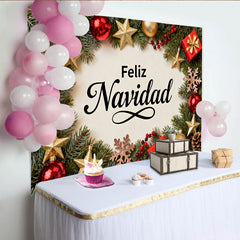 Lofaris Feliz Navidad Holiday Party Backdrop with Festive Red and Gold Ornaments, Pine Branches and Gift Boxes